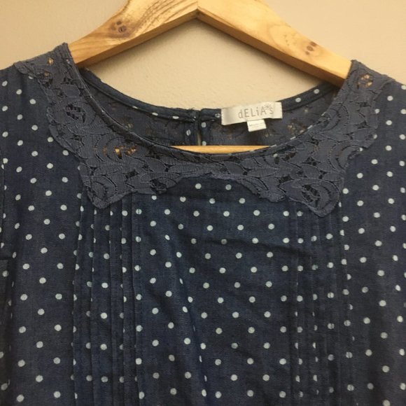 VTG Y2K dELiA*s Lace Cotton Blue & White Polka Dot Dress RARE Vintage Midi Mini - Picture 4 of 16